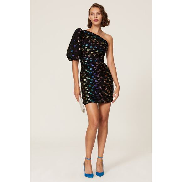 Shoshanna Ronnie Starry Night Black Rainbow Metallic Star One Shoulder Dress 6 - Picture 1 of 16